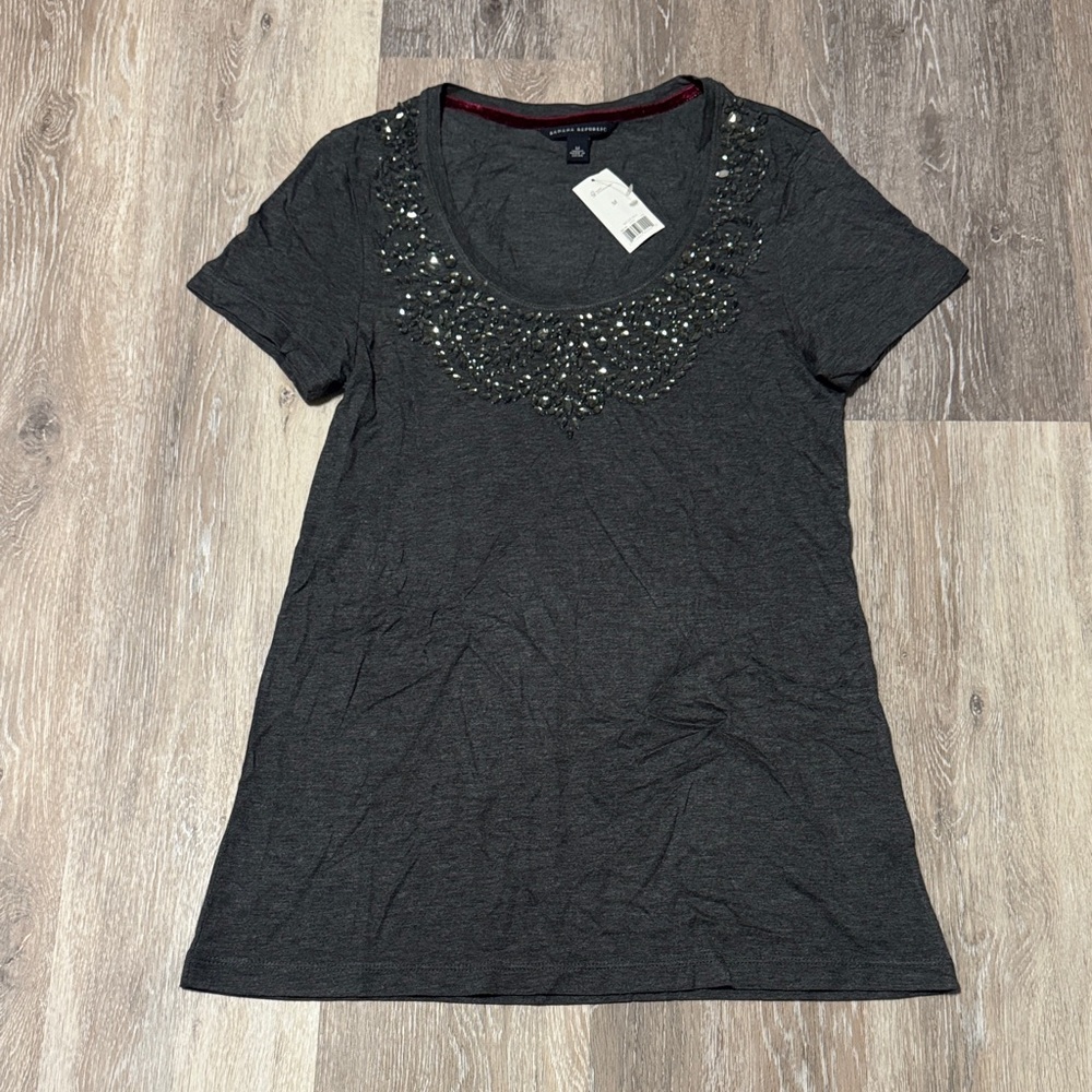 NWT. Banana Republic Charcoal Gray Luxe Embellished Tee - Size Medium.